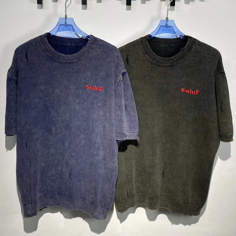 Washed Vintage Crew Neck Knit SAINT Short Sleeve Tops Distressed Hole Details Red Letter Embroidery Loose Man Woman T-Shirts