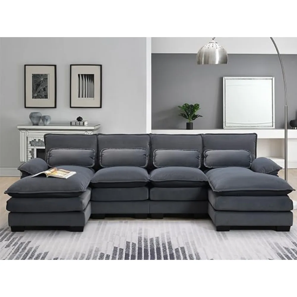 109.8“ Sectional Sofa Cloud Couch for Living Room, Modern Velvet Large Overstuffed U Shaped Couch, Comfy Modular Sofa