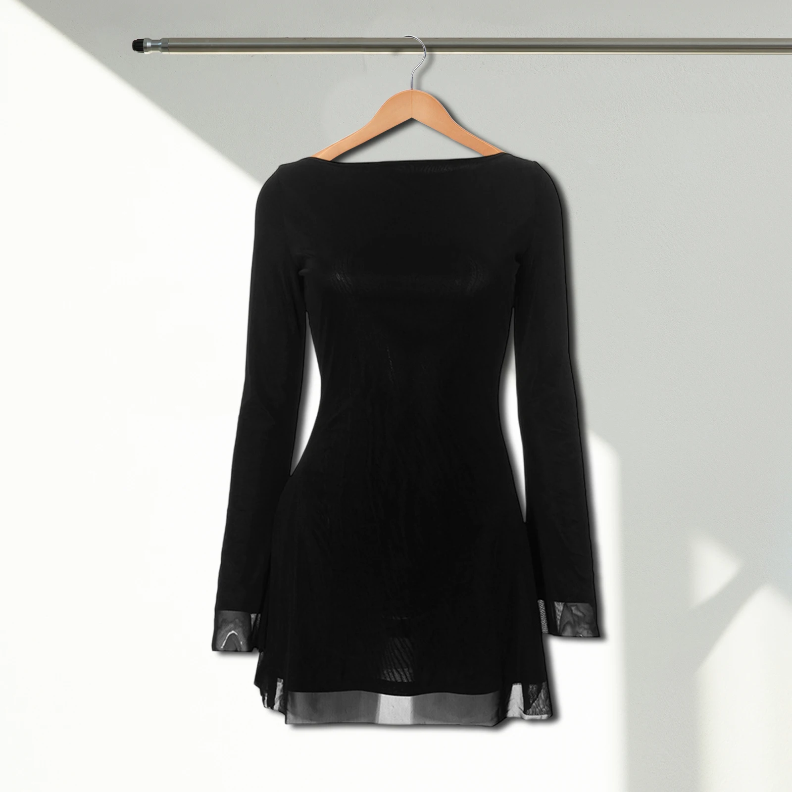 Otoño de manga larga Color sólido doble capa de malla Mini vestido sin espalda con cordones mujeres Sexy moda ceñido al cuerpo vestido ropa de calle