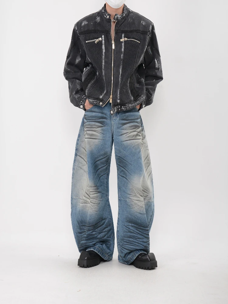 

Модный дизайнерский стильный дизайн, ручная роспись, граффити, стираное старое ковбойское пальто, мужская куртка с воротником-стойкой, топ