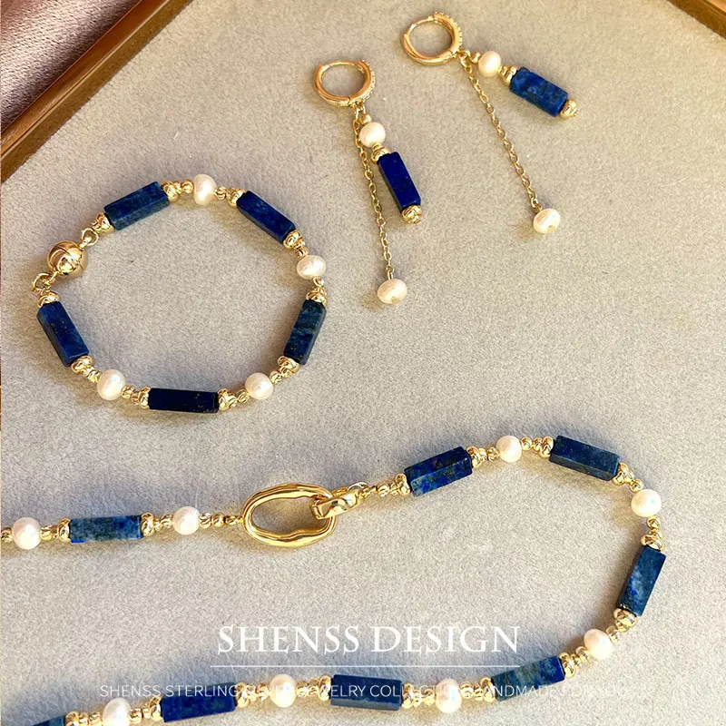 

Exclusive Design Personalized Natural Freshwater Pearl Lapis lazuli Necklace Bracelet Earrings Copper Plated 14k Gold Accessorie