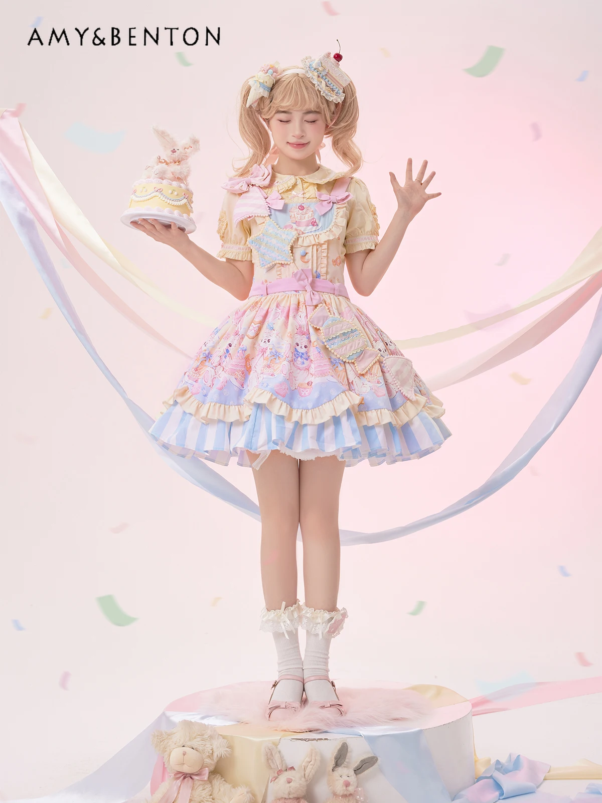 Vestidos de Lolita con estampado de dibujos animados para mujer, vestido de baile de niña dulce diario lindo, Mini vestido delgado de retazos con lazo Kawaii para fiesta de graduación