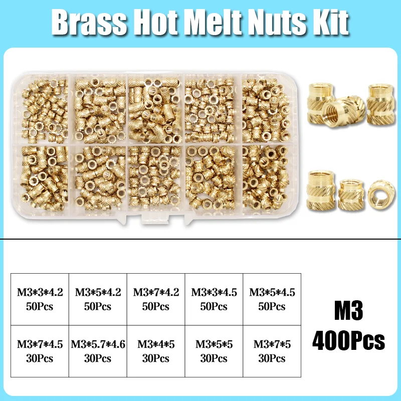 M2 M3 M4 M5 M6 M8 Messing Wärmeeinsatz Mutter Sortiment Set Hot Melt Rändelgewindeeinsatz Einbettung Kupfer Mutter 3D-Druck Nutinsert