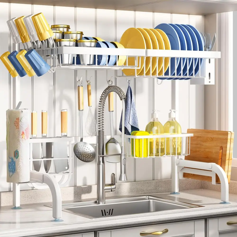 

The Sink Dish Drying Rack, Adjustable 25.5 to 36.5 inch 2 Tier Metal Steel Dish Drying Racks for Kitchen Counter with Hooks Pap