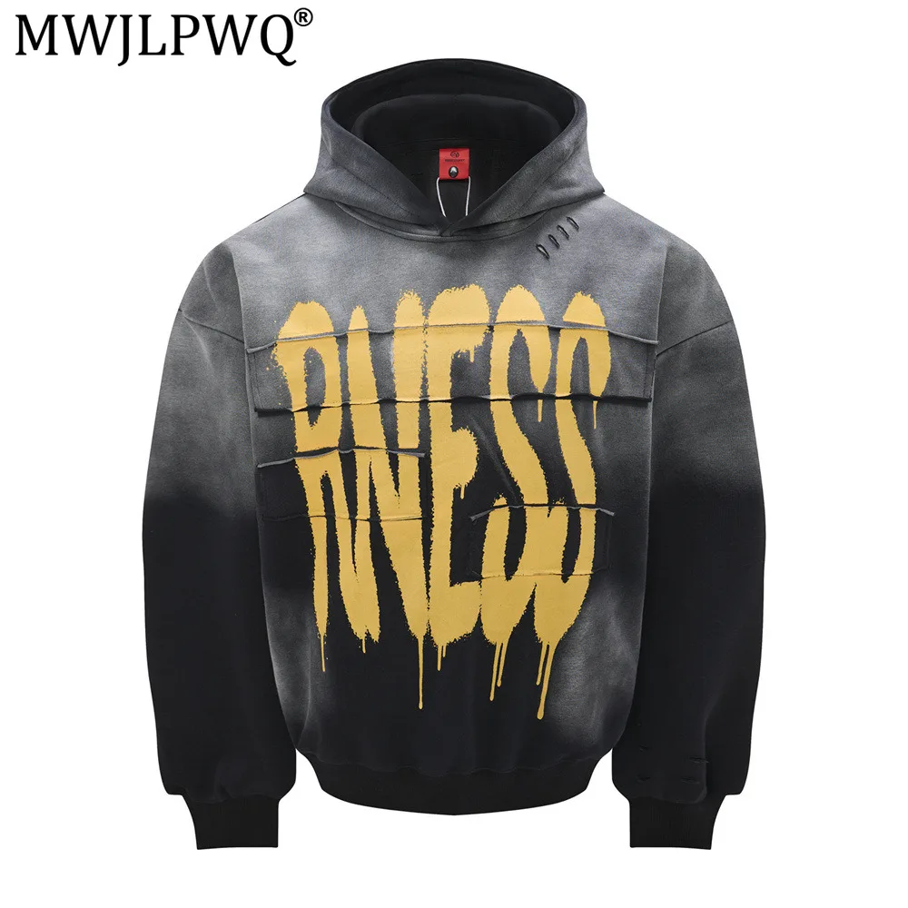 MWJLPWQ Gradient Spray-Painted Distressed Hooded Sweatshirt Street Loose Pullover For Spring Autumn Men's Trendy Tops 21240