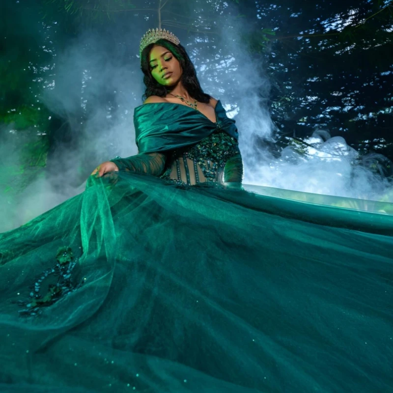 Dunkelgrüne Quinceanera-Kleider, schulterfrei, Applikation, Spitze, Perlenstickerei, Kristallschleife, Tüll, Party, Geburtstag, süßes 16-Kleid, Vestidos 15