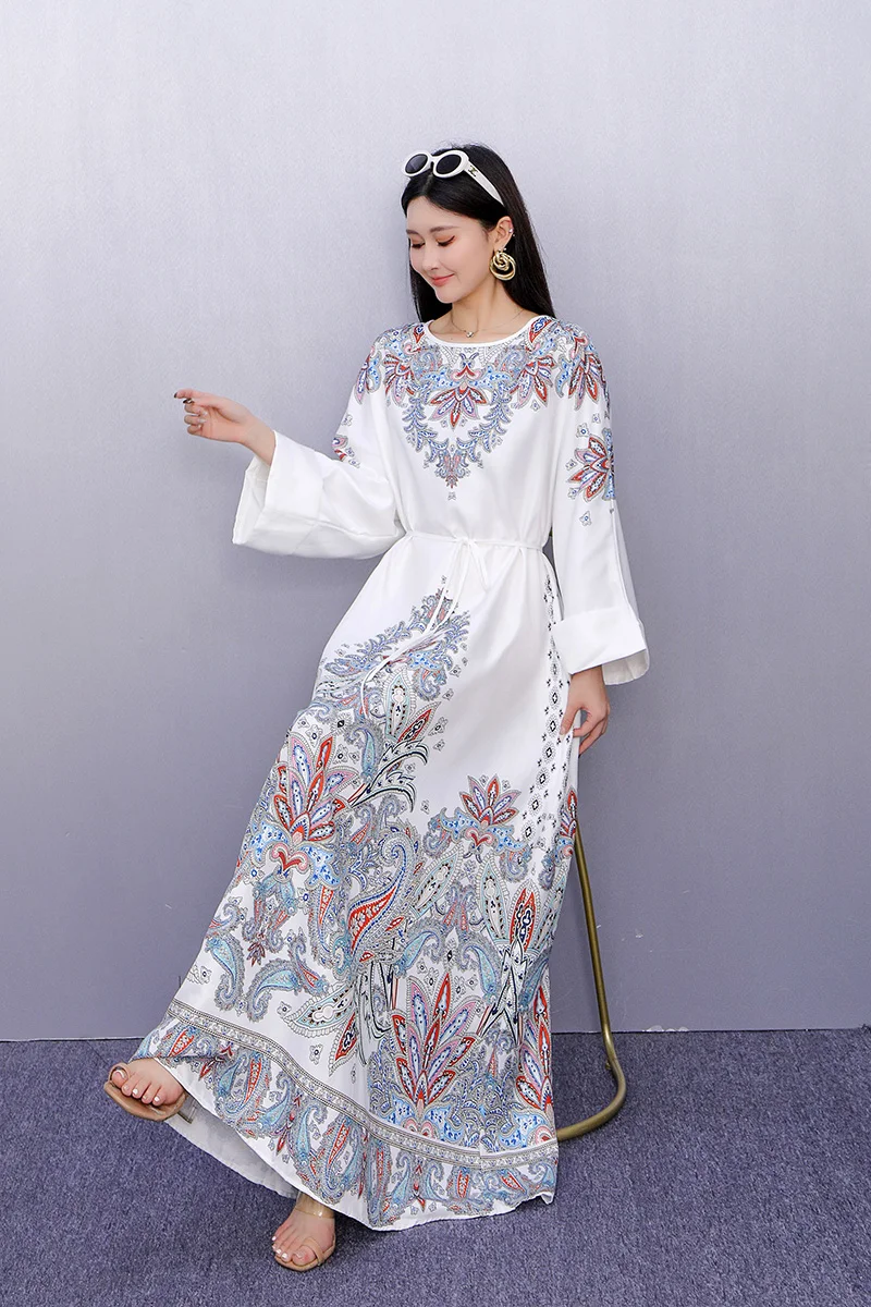 2025 Primavera Verano nuevo elegante estampado suelto vestidos largos mujeres manga larga elegante vestido femenino al por mayor J1033