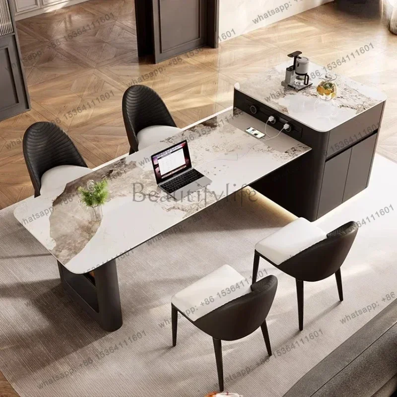 

1.6m 2.2m 2.6m 3.0m Italian Minimalist Rock Slab Island Dining Table Retractable High End Black Restaurant Chair Multifunctional