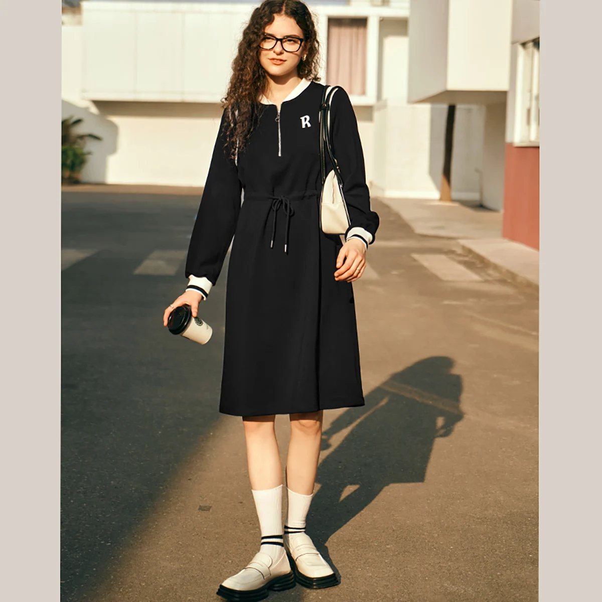 OLrain Women's Knit Sweatshirt Dresses 2026 Autumn Ladies Embroidered Drawstring Waist Long Sleeve Fitted Black Dress O24CL88031