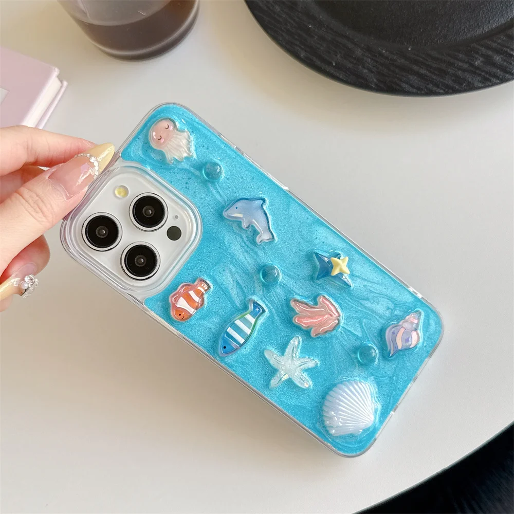 Leuke Vis Shell Geschikt Voor iPhone 17 Pro Max 15 14 13 Plus 16 Pro Max Koreaanse Rimpel Onderwaterwereld beschermhoes