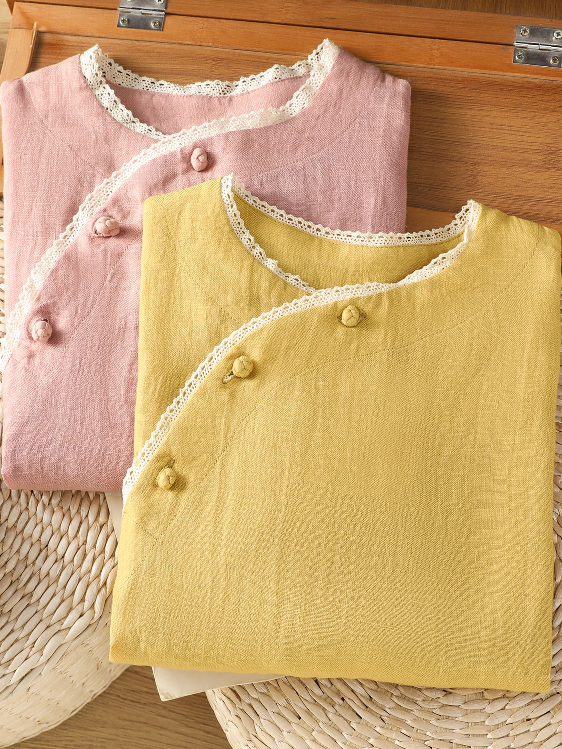 Nuevo 2025 chino Sle encaje empalme algodón Lino largo Sve irt mujer de talla grande botón inclinado traje de té Top