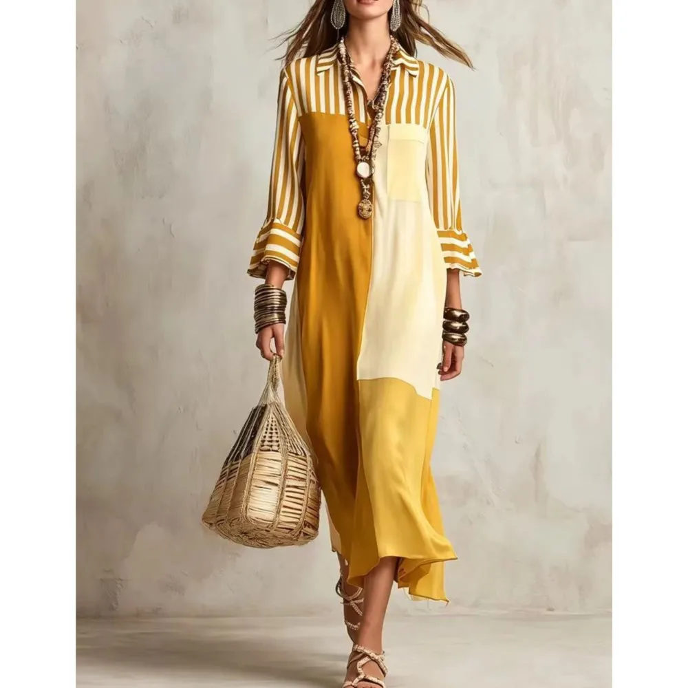 Fashion Striped Color Matching 9-quarter Sleeve Shirt Dress For Women Spring Autumn New Loose Simple Elegant Female Holidaydress