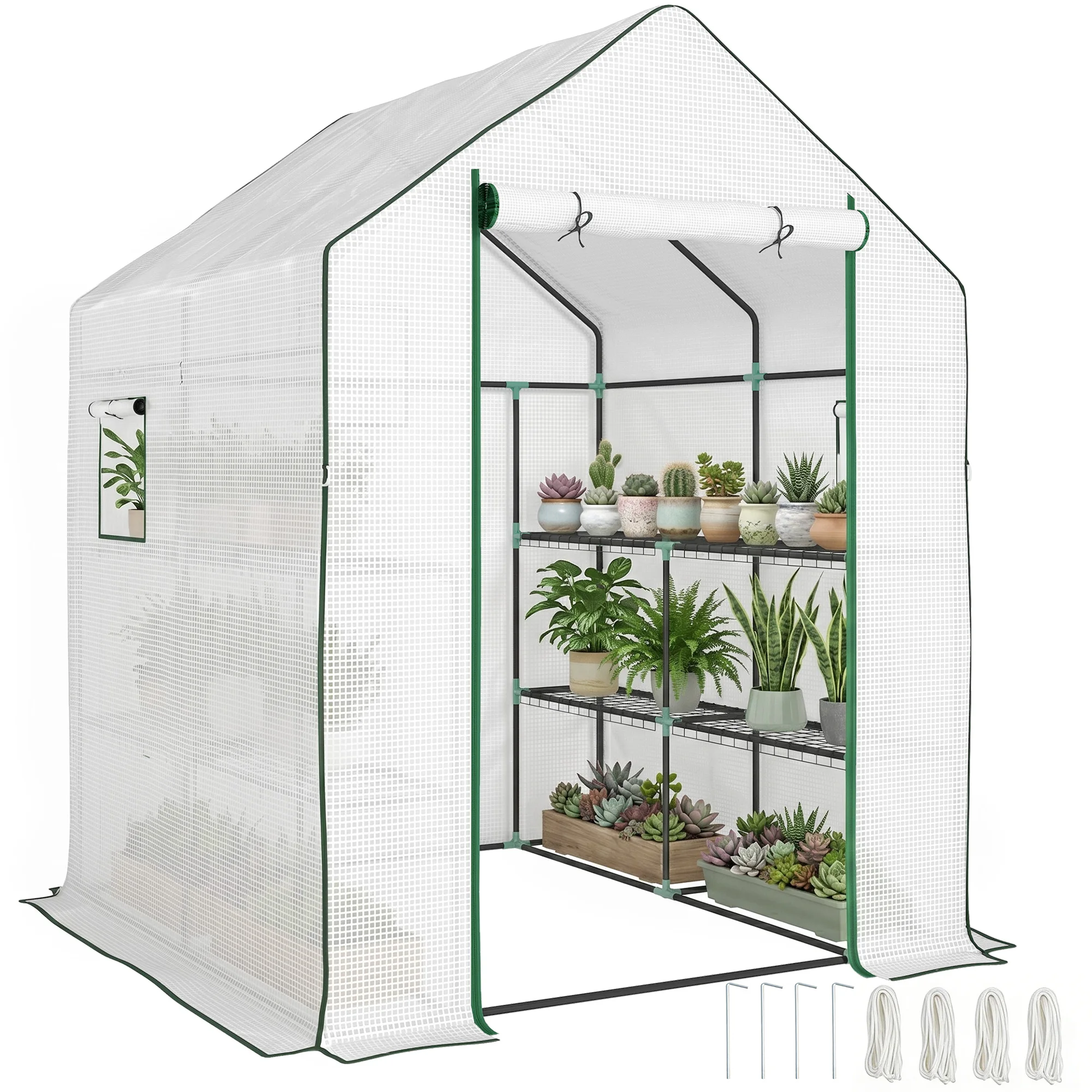 Outsunny buitenkassen, klein model met 3 niveaus, 6 planken, oprolldeur, PE-afdekking en stalen frame voor het kweken van planten en bloemen, 140x143x190 cm, wit.