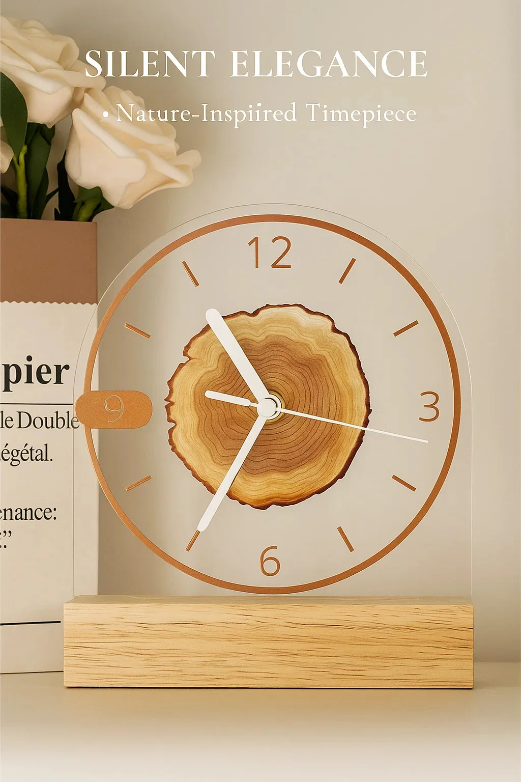 Minimalist Tree-Ring Acrylic Desk Clock with Solid Wood Base – Silent Movement, 6inch, Nordic Style Home Decor