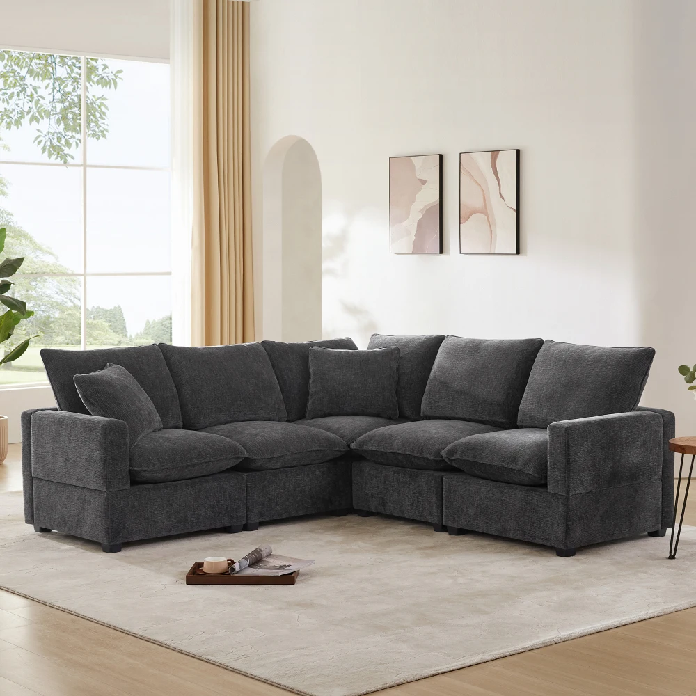 86*86" Nowoczesna sofa modułowa w kształcie litery L, 5-miejscowa kanapa segmentowa Chenille z 2 poduszkami w zestawie, swobodnie kombinowalne meble wewnętrzne