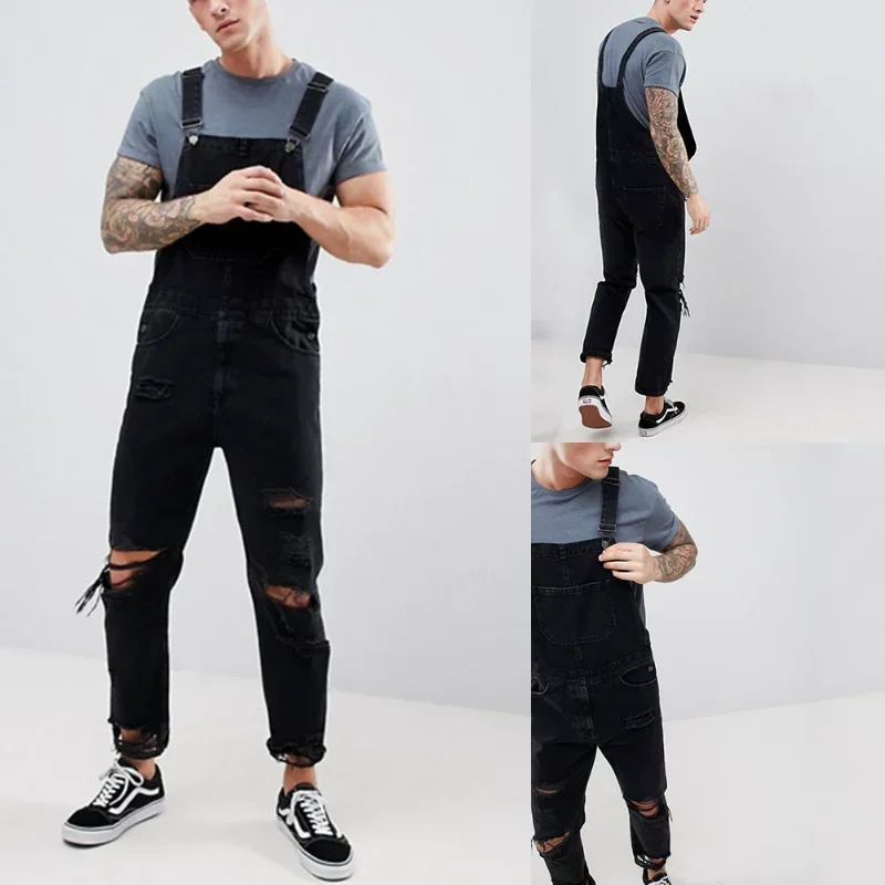 

Autumn Fashion Men's Strap Denim Pants Teared Super Perforated Pants Washed Straight Pants Strap Trousers Casual Pants