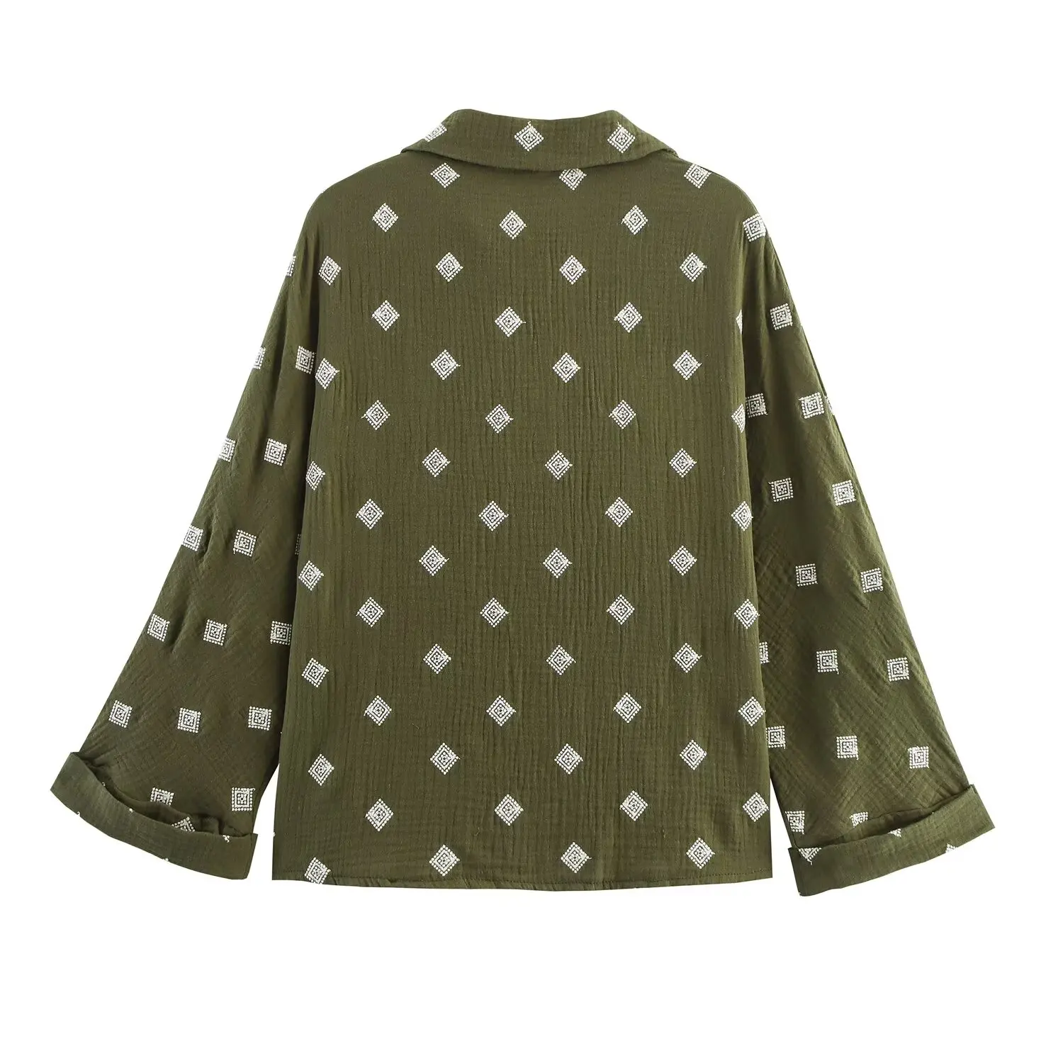 

Women's new fashion embroidery decoration casual lapel shirt retro long sleeved Button-up women's shirt chic top+Pants suit