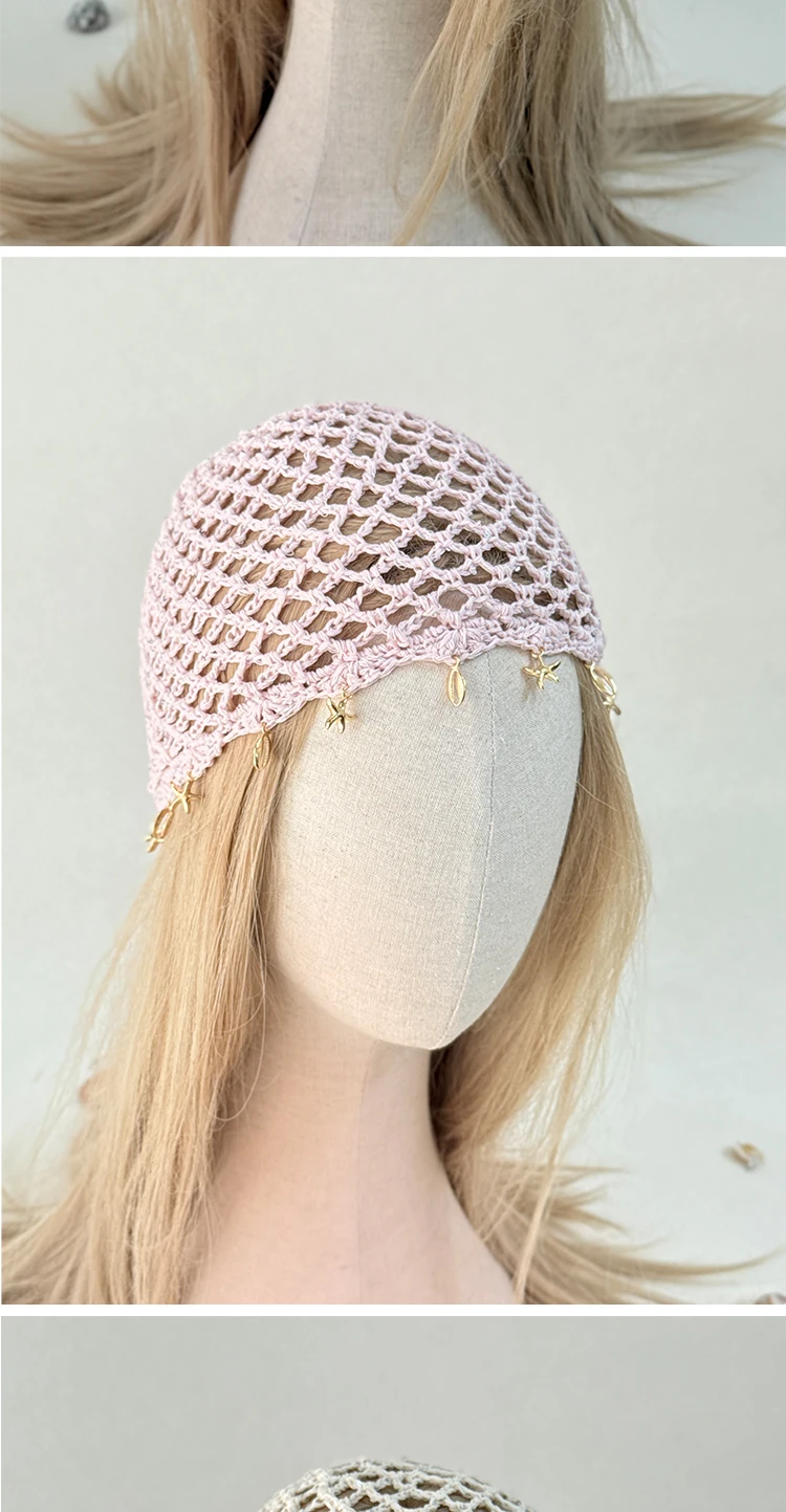 Modische, ausgehöhlte, gewebte Pullover-Mützen, gehäkelte, atmungsaktive Baskenmütze, Pentagramm-Fransen-Retro-Beanie-Mütze, Damen-Sommermütze, vielseitig einsetzbar – Detail 4