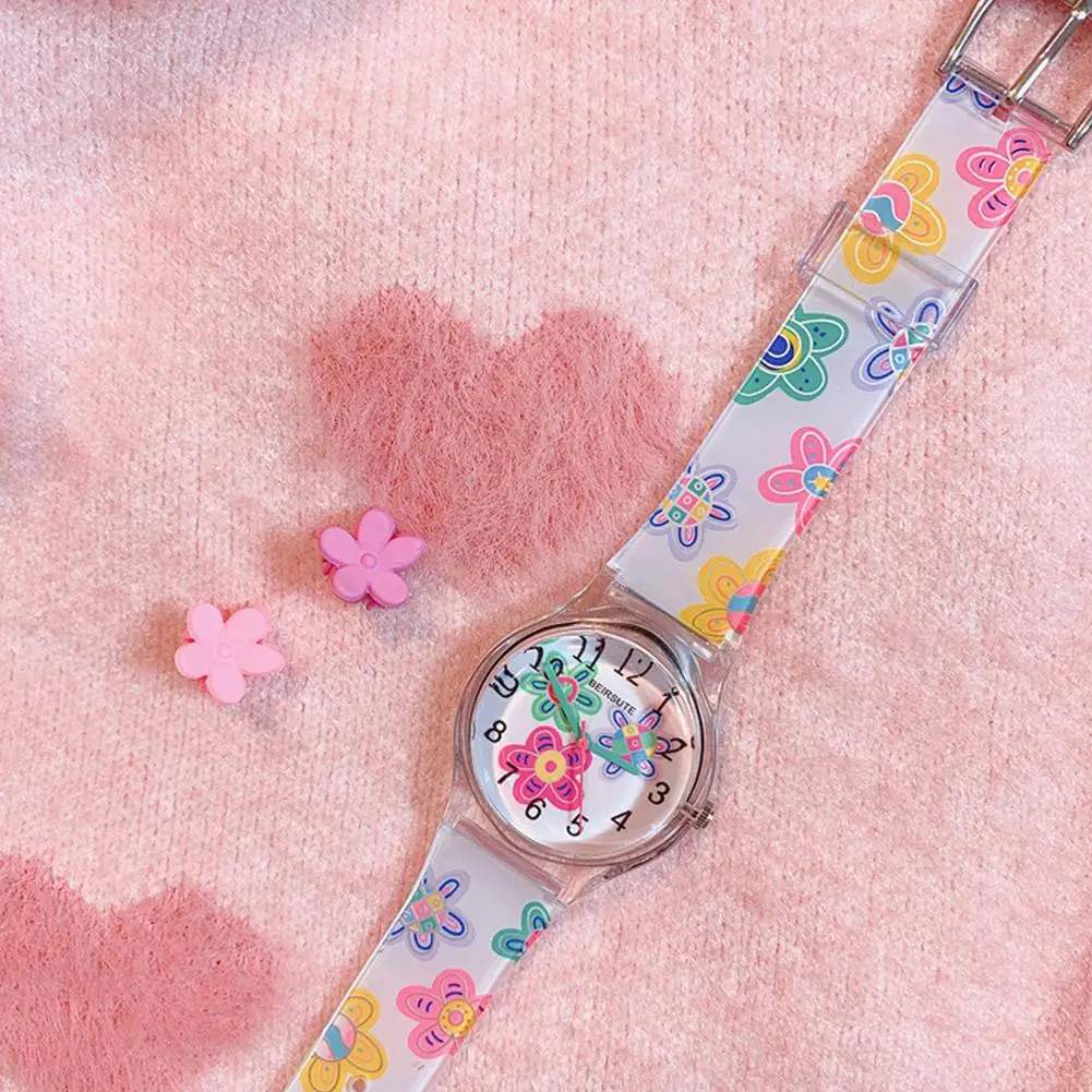 Cartoon Print Ladies Watch Silicone Strap Quartz Watch Waterproof Girls Student Fashion Clock Flower Pattern Watch