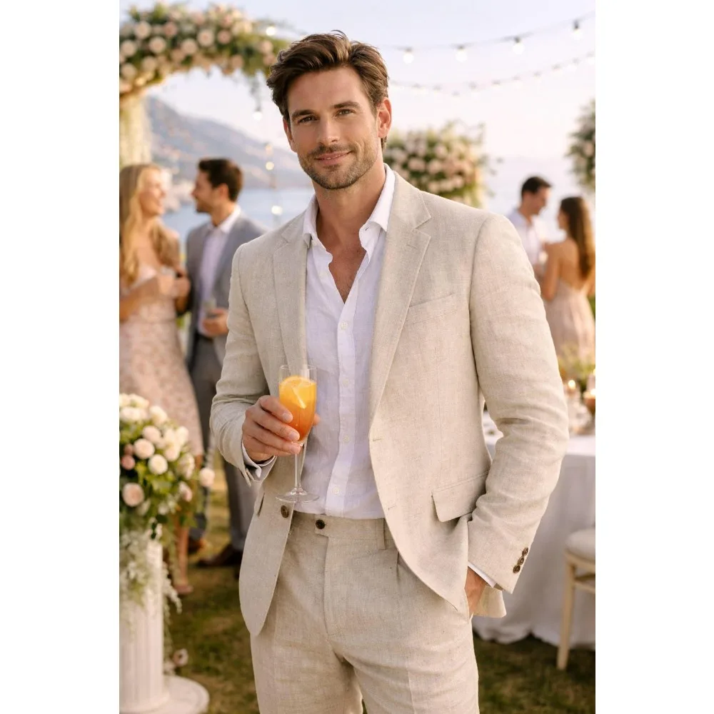 

Бежевый льняной мужской костюм для выпускного вечера, 2 предмета: легкий летний пиджак и брюки, приталенный крой, для свадьбы, вечеринки, официальных мероприятий и повседневной носки