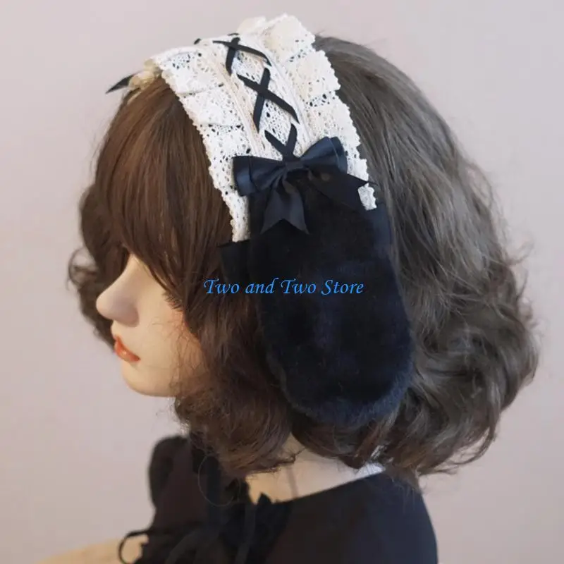 HX6F طوق شعر جميل على شكل أذن أرنب مع دانتيل مطوي لديكورات الحفلات التنكرية