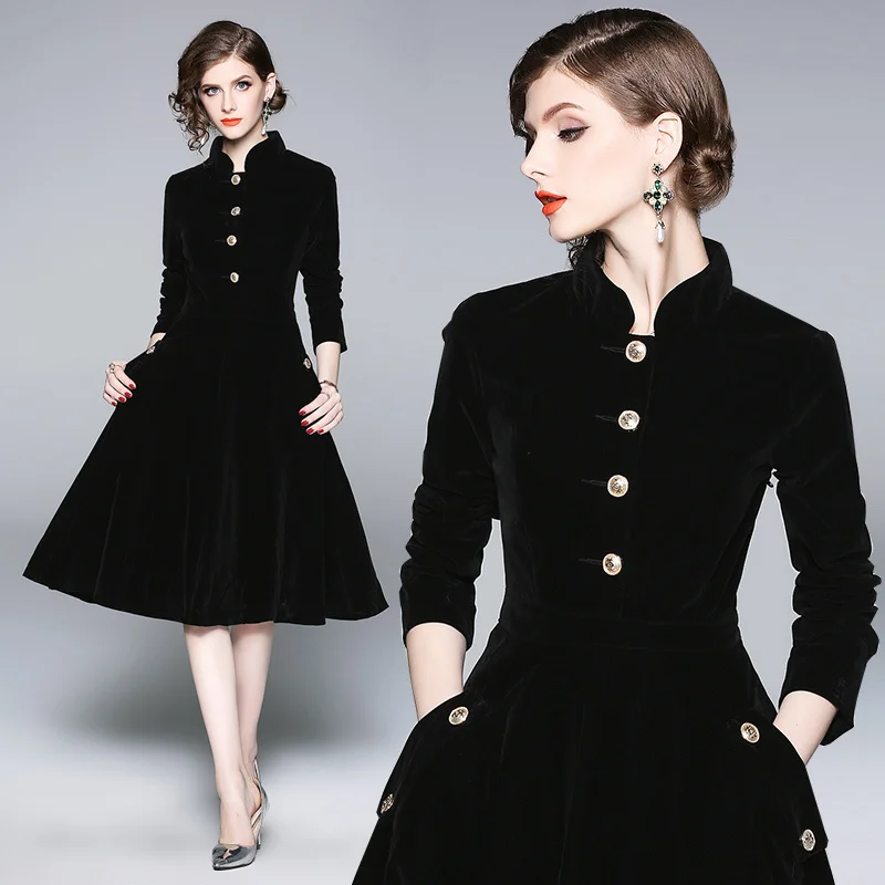 Autumn And Winter 2022 Gold Velvet Coat French Hepburn Style Stand Collar Black Velvet Dress Belt Big Hem Long Skirt Coat