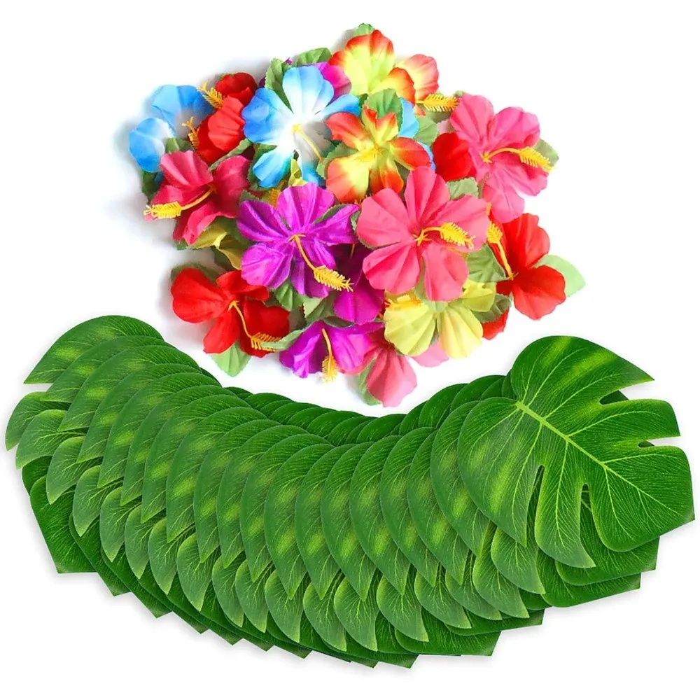 20 Stück tropische Palmblatt-Hibiskusblüten-Imitationsblätter für Hawaii-Party-Thema, Geburtstagsparty-Dekoration, Tischdekoration – Detail 1