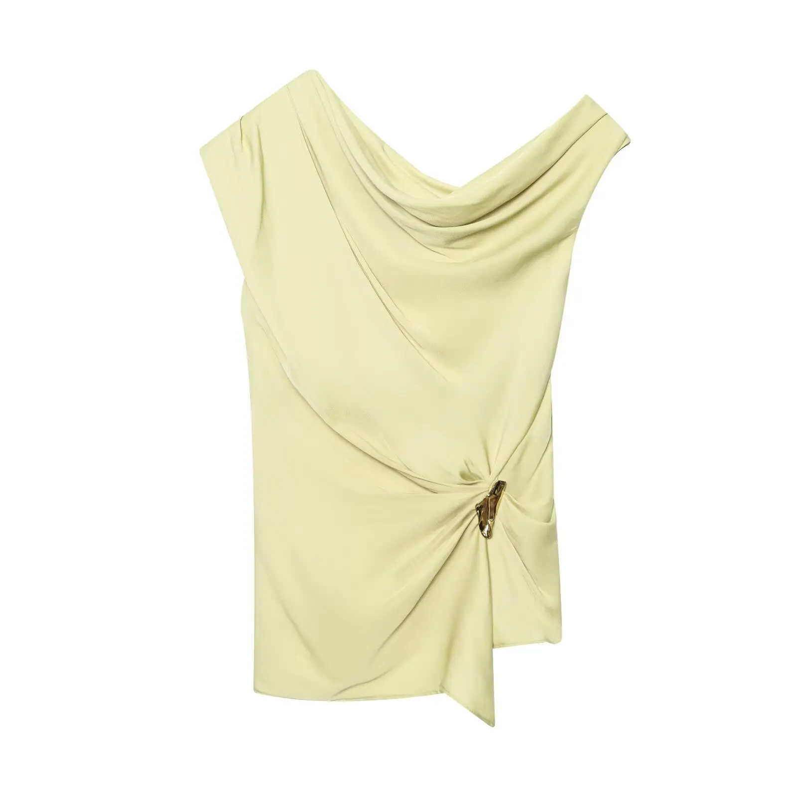 

Women's new fashion pleated decoration casual satin texture asymmetric top retro off shoulder women's shirt chic top