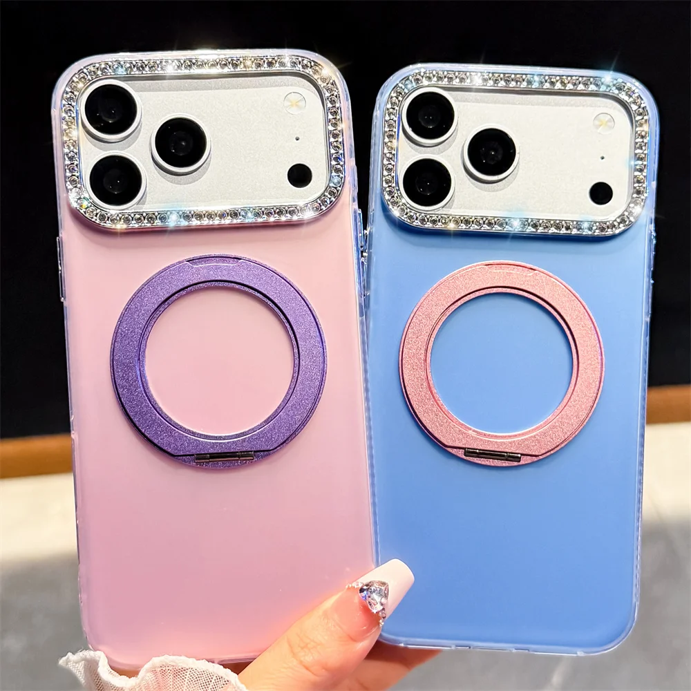 Vibrant Contrasting Colors 360 Rotating Magnetic Ring Phone Case for 17 Pro Max Rhinestone Protective Cover for iPhone 16 15 14