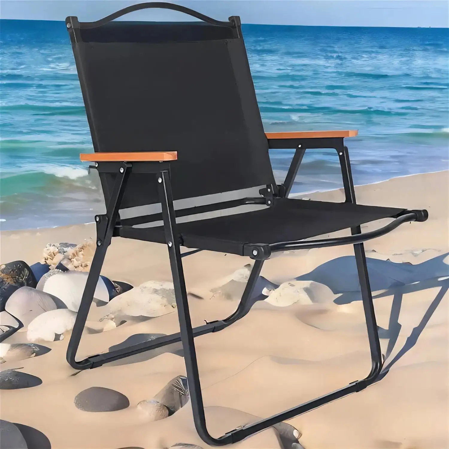 

Portable Folding Backpacking Camping Chair Beach Chair with Wooden Armrests, Black