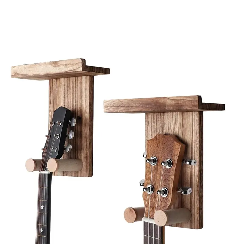 

A74K-вешалка для настенного крепления гитары с полкой и держателем медиатора-2 шт. деревянные крючки для акустической, электрической, гитары, гавайской гитары