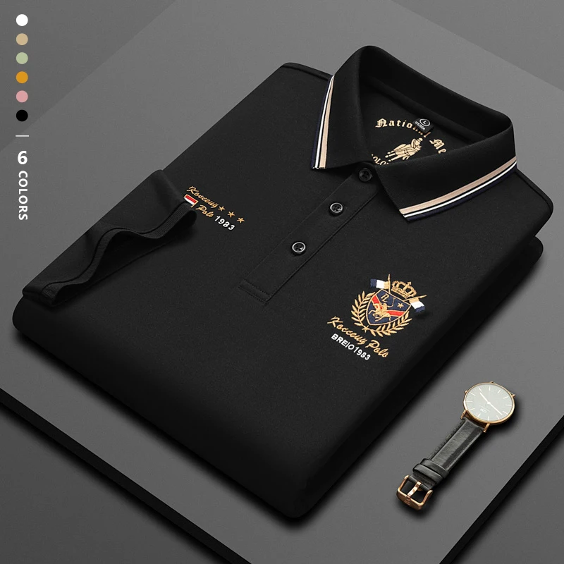 Classics Shield Badge Embroidery Polo Shirt Men Summer Thin Breathable Lapel Short-Sleeved Tops Golf Shirt Male Brand Clothing