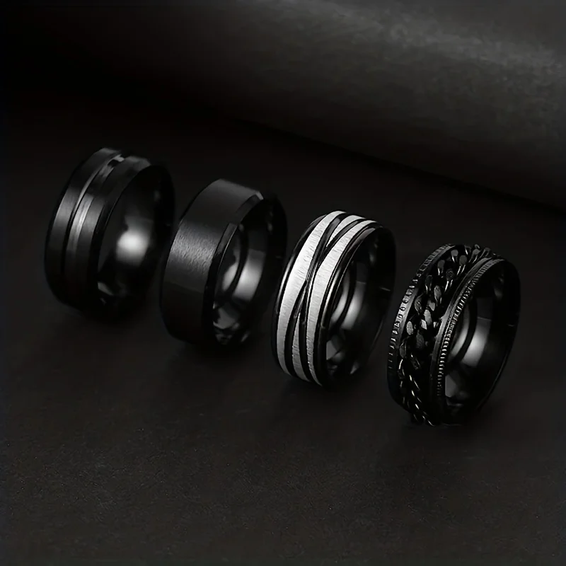 4pcs Men\'s Stainless Steel Rings 8mm Rotatable Ring Fashion Black 8mm Simple Ring Men\'s Dating Wedding Ring Set Gift for Men