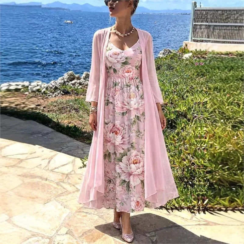

Bohemian Fashion Printed Vacation Dress Woman's Spring Elegant Dress+jacket Two-piece Set Foreign Style Streetwear For Ladies