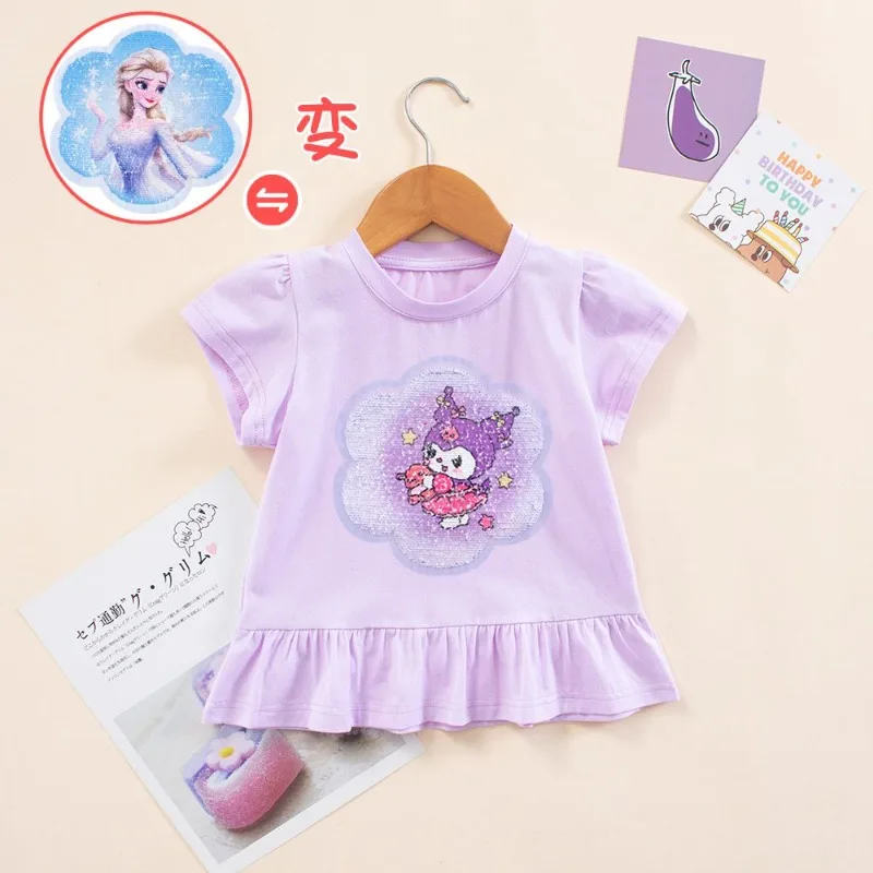 

Girly Heart Kuromi Anime Kawaii Sanrio Ins Fashion Short Sleeved Skirt Shirt Cute Cotton Princess Top Clothes Gifts for Kids