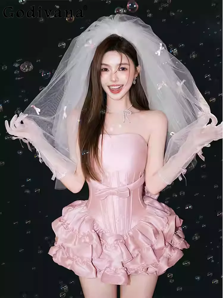 Lolita Pink Birthday Fashion Party Princess Evening Dress Elegant High Waist Versatile Age Reduction Fairy Strapless Dresses