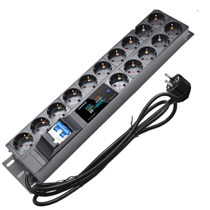 

19inch cabinet mount 2U PDU power strip ammeter/voltmeter/power tester 15 way Europe socket 16A air switch 2M extension cable