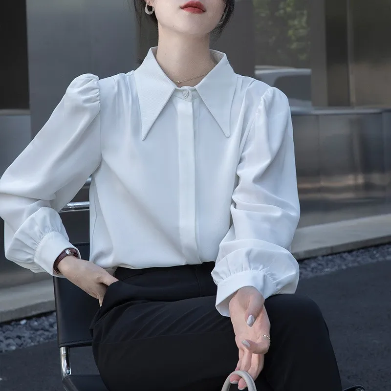 

2025 New Korean Sle Women's Long Sve Chiffon irt Loose Faionable Profional Color Top Commute Sle Pure Color