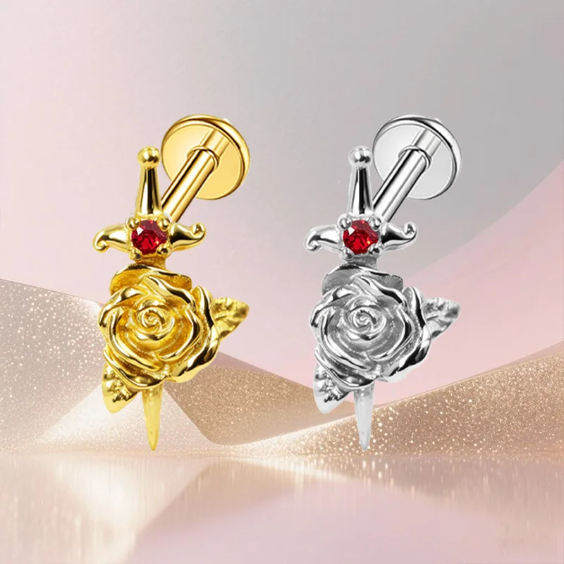 ASTM F136 Titanium Internally Threaded Labret Studs, Sword Rose Red CZ Cartilage Earrings, Vintage Gothic Floral Helix Tragus Pi