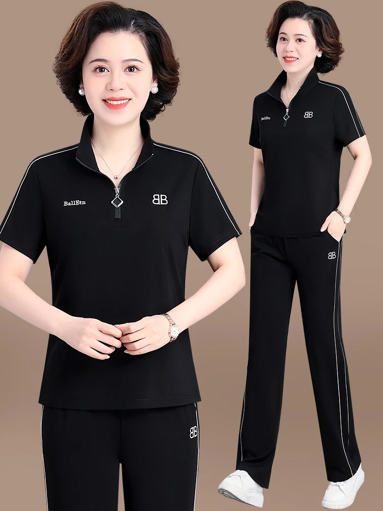 

Midlife Mom Summer Sportswear Set Short Sleeve Two-Piece Suit for Ages 40-50 Fashionable Loose Fit Long Pants Zipper Closure