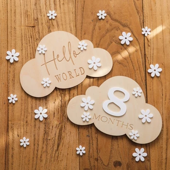 나무 아기 달 마일스톤 카드, 구름 모양 레코드 카드, 신생아 생일 선물 기념품, 아기 사진 사진 액세서리, 1 세트