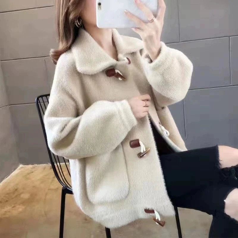 Winter Imitation Mink Velvet Knitted Jacket Women's New Arrival Corner Buckle Loose Top Lady Outwear Short Korean Cardigan Coat