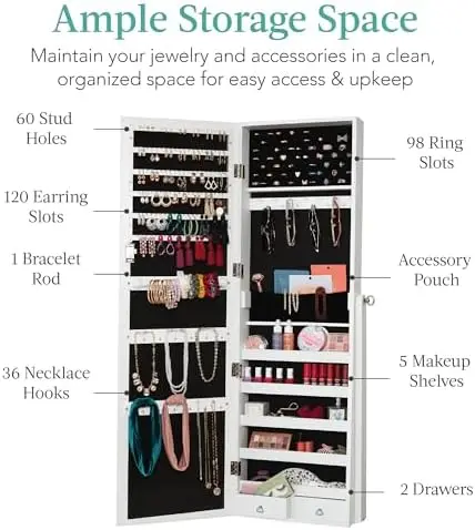 Freestanding Jewelry Armoire Cabinet, Full Length Standing Mirror, Lockable Makeup Storage Organizer, w/Velvet Lining