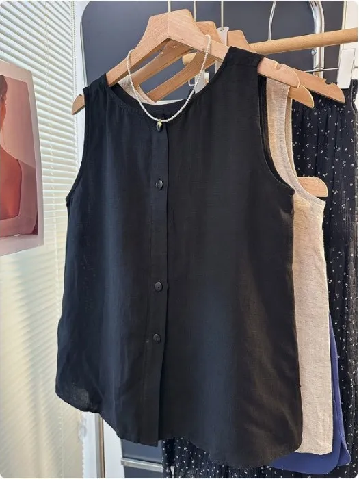 

Повседневный двусторонний льняной топ с круглым вырезом, стройнящий, универсальный, летний, больших размеров, женский, на одной пуговице, в стиле арт-деко