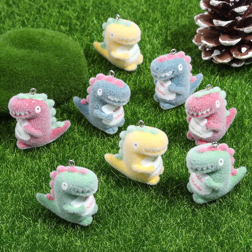 20Pcs 3D Cute Colorful Flocking Dinosaur Resin Charms Cartoon Animal Plush Pendant For Keychain Earrings DIY Crafts Jewelry Make