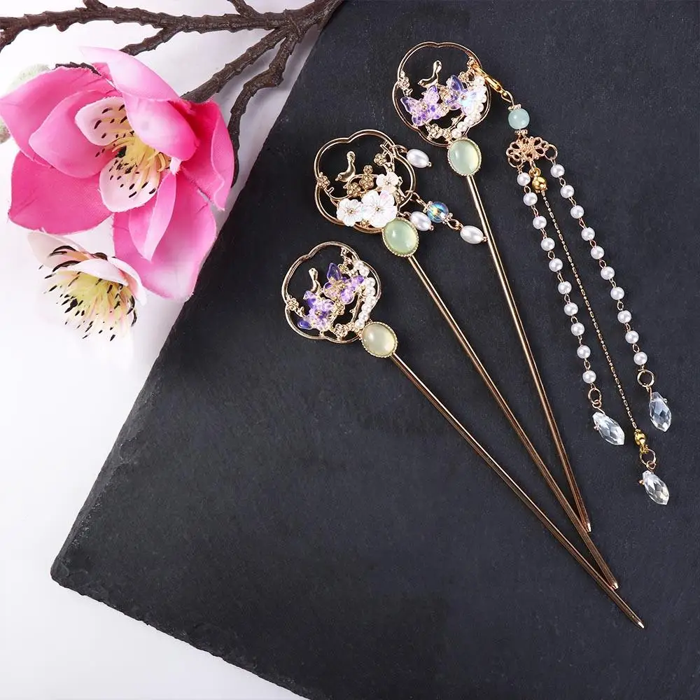 Hanfu Decoration Butterfly Flower Tassel Sweet Chinese Style Hair Fork Ancient Hair Stick Headdress Women Tassel Hair Stick