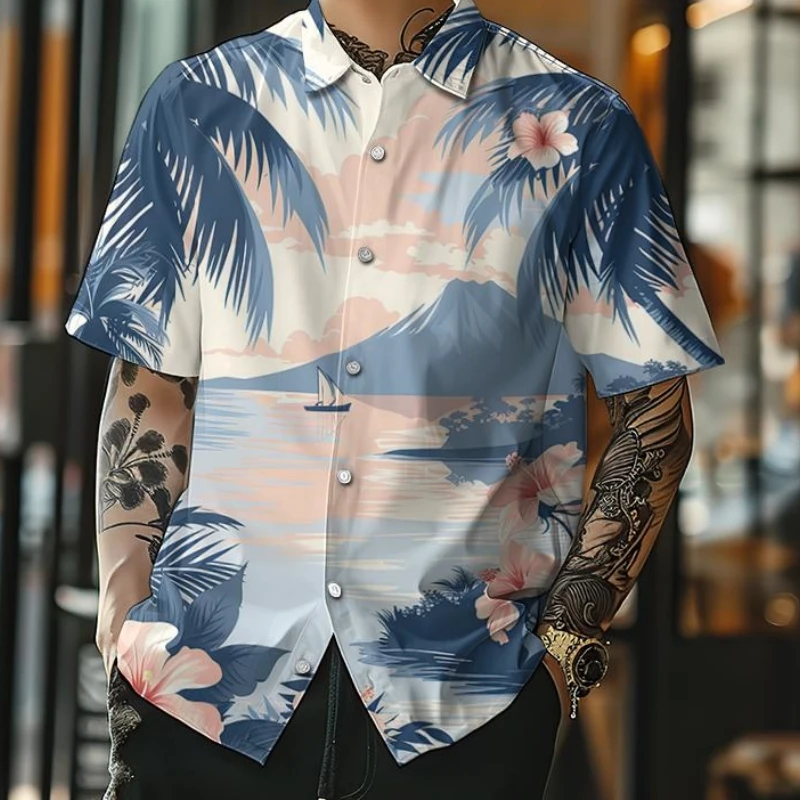 New Men\'s Shirt 3d Beach Flower Print Hawaiian Shirts For Men Summer Casual Short Sleeve Shirt Loose Oversized Male Clothing Top