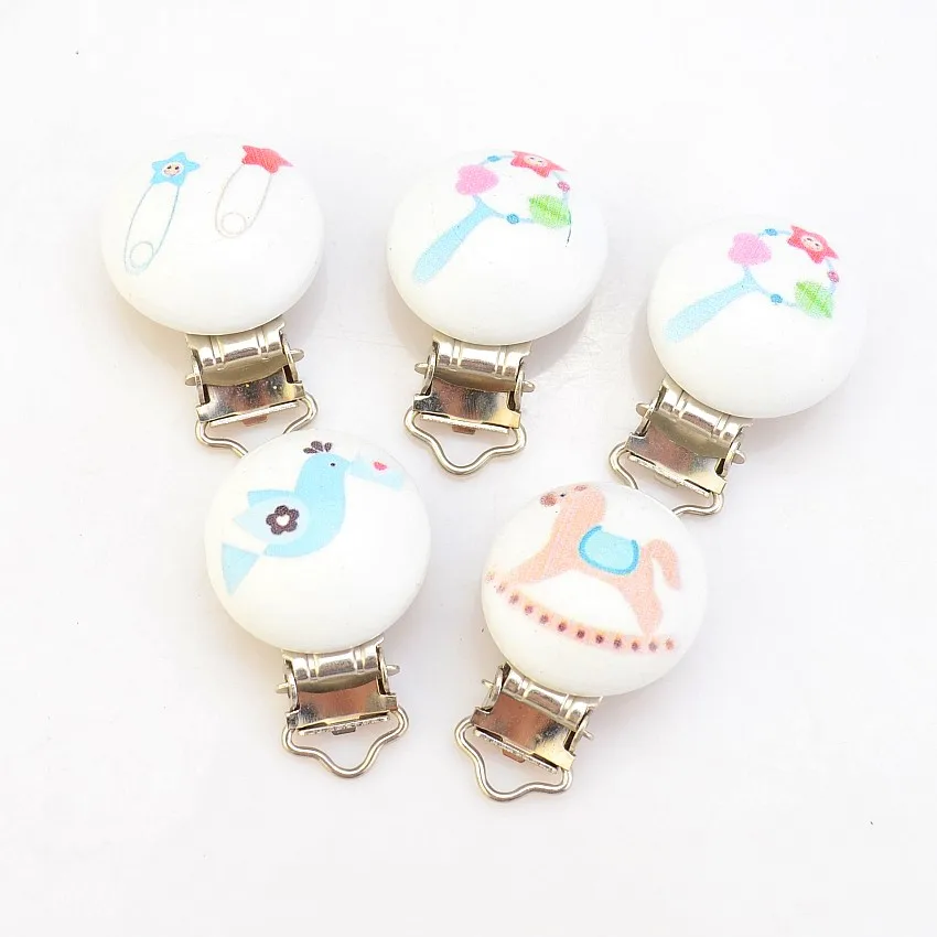 5PCs Blue boy Color Baby Pacifier Clips Wood Metal Holders Cute Infant Soother Clasps Funny Accessories 4.8x2.9cm