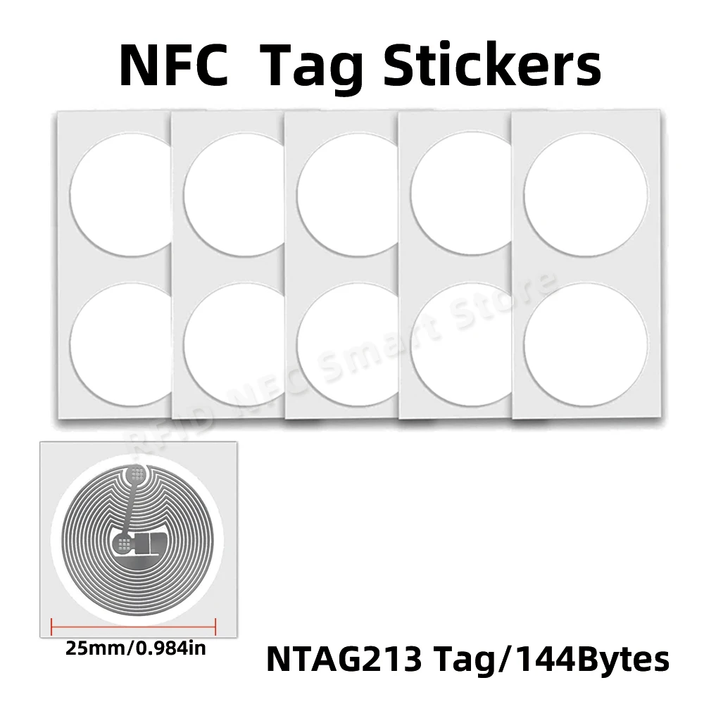 10PCS NFC Tag 25mm White NFC 213 Stickers Protocol ISO14443A 13.56MHz NT/AG213 Universal Label RFID Tags and All NFC Phones