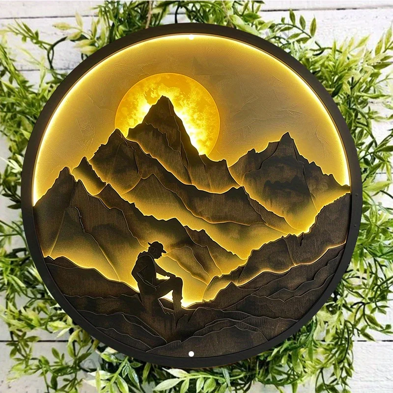 

Round Aluminum Wall Sign, Mountaineer in the Sun, UV and Scratch Resistant, Outdoor and Indoor Decor, Decorative Wall Poster
